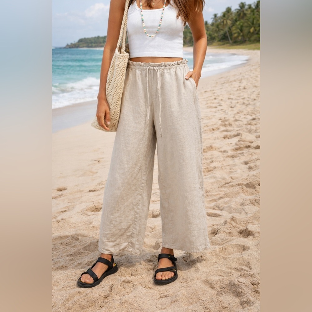 Zara Cream Wide-Leg Linen Drawstring Pants